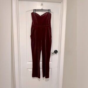 Express Strapless Velvet Jumpsuit in Burgundy